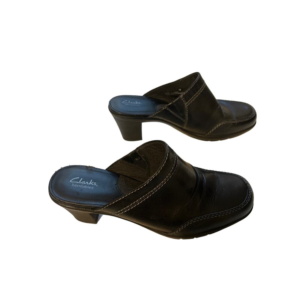 Clarks Bendables Mule Clog Heel‎ Black Size 7 Leather Stitch Detail